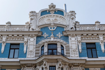 Fototapeta na wymiar Facade of the art nouveau building by architect Eisenstein in the Elizabetes Street in Riga, Latvia