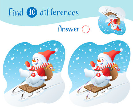 Snowman on sled with christmas gifts. Find 10 differences.