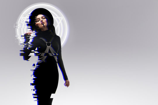 Beautiful girl with neon hologram glitch effect