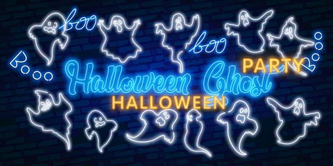 A set of nine neon signs in the form of ghosts. Ghost in neon style on brick background. Night bright advertisement. Can be used for signs, posters, billboards