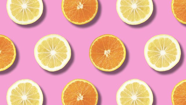 Real slice lemon orange fruit pop art seamless background.Minimal collage in retro style.3d animation in pastel color.Abstract modern citrus or citric fruit zine culture.Creative digital art.70s sign 