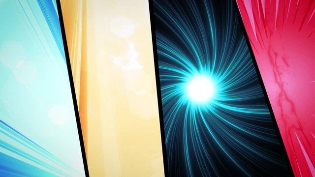 Comic Book Action Layout Background With Power Fx/ 4k animation of a powerful comics like page layout background with halftone dots and dynamic action speed sunbeams effects
