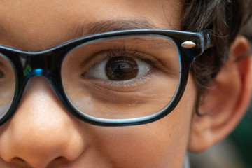 An extreme closeup view on the eyes of an intelligent and cute young boy. Portrait of a five year...