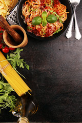 Plate of delicious spaghetti Bolognaise or Bolognese with savory minced beef and tomato sauce...