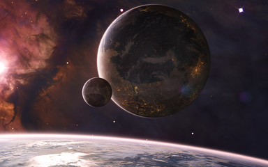 Colonized planets in deep space in warm starlight. Nebulae, star clusters. Science fiction....