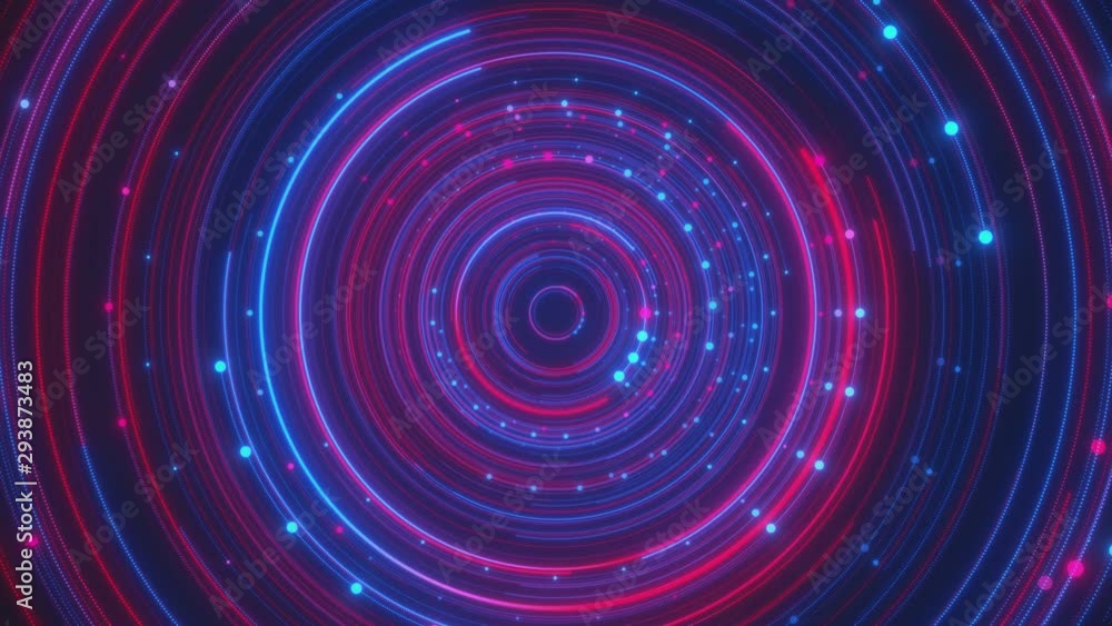 Poster looped animation. abstract background with moving through bright circles in red and blue color. mode