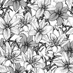 Seamless pattern with lilies. Handmade ink and pen. Fabric design, packaging and wallpaper.