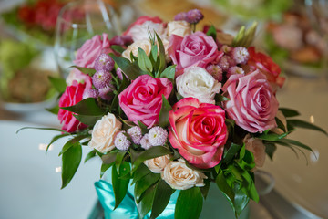 Large wedding bouquet of beautiful flowers . Multicolor bouquet made of different flowers .