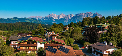 Fototapeta na wymiar Beautiful alpine view with the famous Wilder Kaiser mountains at the Kitzbüheler Horn, Kitzbühel, Tyrol, Austria