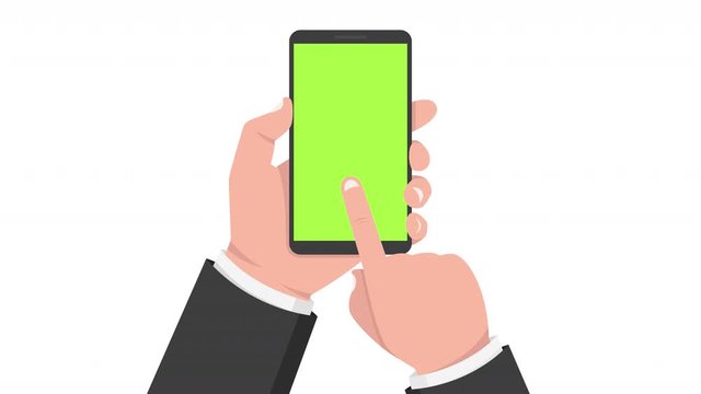 Hand holding smartphone and touching screen isolated on white background. Green screen. 4K resolution.