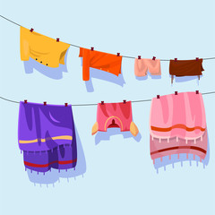 Clothesline With Colorful Clothes Flat Design Illustration