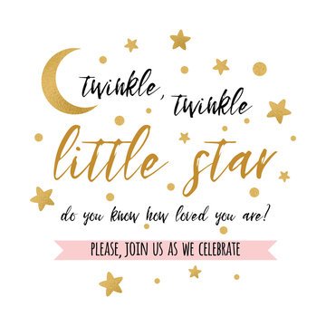 Twinkle twinkle little star text with gold star and moon for girl boy baby shower card invitation