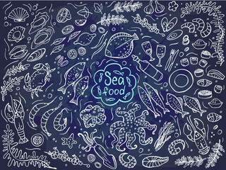Set of seafood on chalckboard. Vector illustration. Perfect for menu or food package design.