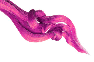 Three knots of pink hair isolated on white background. Long ponytail