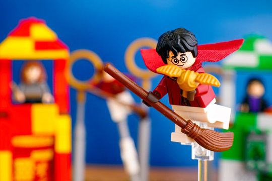 Tambov, Russian Federation - January 20, 2019 Lego Harry Potter On Broom Captured Golden Snitch And Win The Quidditch Match.