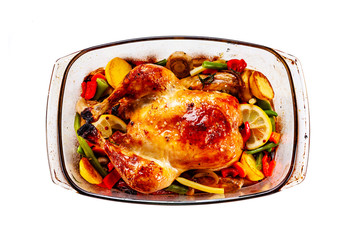 Roast duck in pot isolated on white background