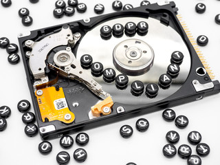 Dissembled hard disk drive and spread letters and gdpr compliant text law concept photo