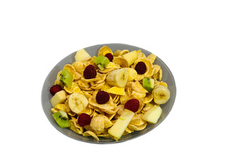 Breakfast cereal in a plate, fruit isolate. Vegetarian food, healthy nutrition. Breakfast bananas,...