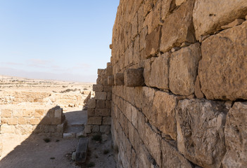 The outer  wall of the Roman baths on the territory ruins of the Nabataean city of Avdat, located on the incense road in the Judean desert in Israel. It is included in the UNESCO World Heritage List.