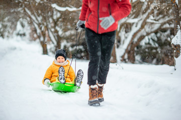 Family of dad and kids vacation on Christmas eve outdoors