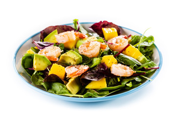 Salad with shrimps on white background