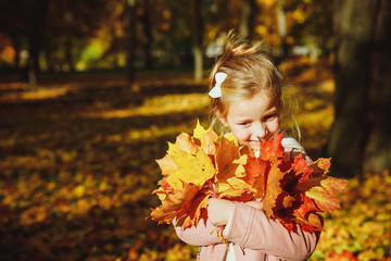 Autumn portrait of cute curly girl.Little funny girl playing with yellow leaves in the forest. Child on a walk in the autumn park. Golden autumn. toddler girl , portrait with bouquet of autumn leaves