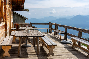 alm hut hütte terrasse in tyrol with mountain view