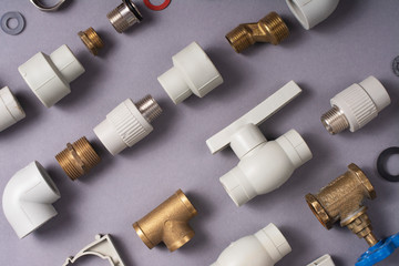 Elements for the repair of water supply and heating systems close-up.