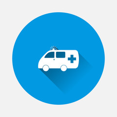 Vector ambulance icon on blue background. Flat image with long shadow.