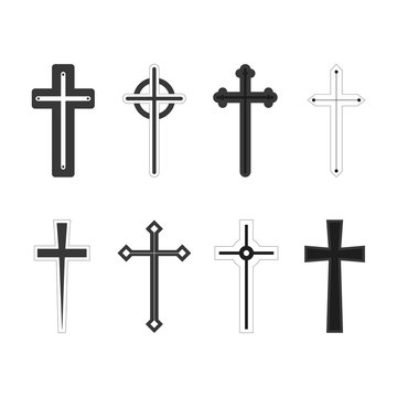 Christian cross church icon set logos. Christianity symbol of Jesus Christ.Vector