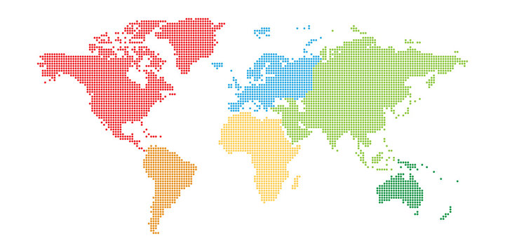 World map mosaic of small dots in defferent color for each continent. Dotted design. Simple flat vector illustration