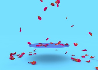 Red rose petals fall on the stand on a blue background. Free space on the stand for your design