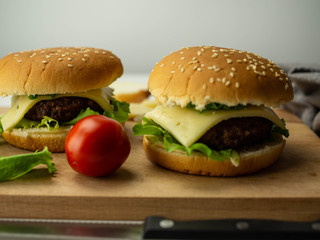 Domowe burgery z dodatkami. Mięso, bułka, pomidor, frytki, ketchup. Jasne tło.