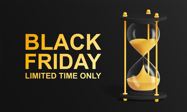 Black Friday. The concept of hourglass with gold lettering on a black background.