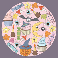 Vector round background with different funny objects, candle, mushroom, bat, cake, moon, and web. Good for halloween packing, prints and textile production
