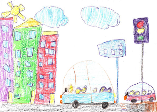 Child drawing of the buildings and cars.