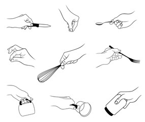Vector set of outline, various hand actions and gestures by kitchen theme, isolated, in black color, on white background.