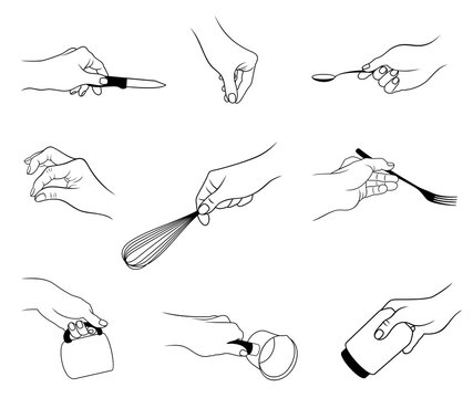 Vector Set Of Outline, Various Hand Actions And Gestures By Kitchen Theme, Isolated, In Black Color, On White Background.