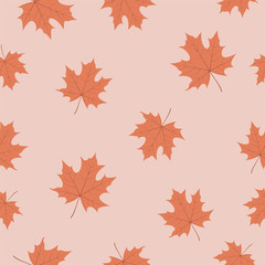 Naklejka na ściany i meble The seamless pattern with red maple leaves is on the pink background.