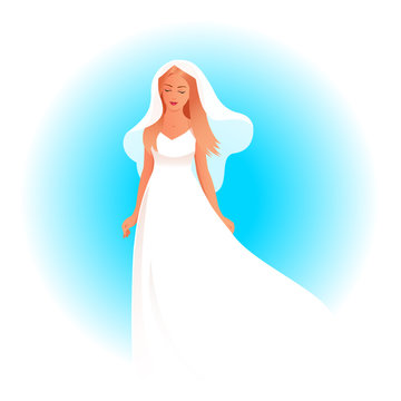 Beautiful blonde bride girl. Dressed in a wedding dress and veil. Light wind blows. Vector holiday isolated illustration.