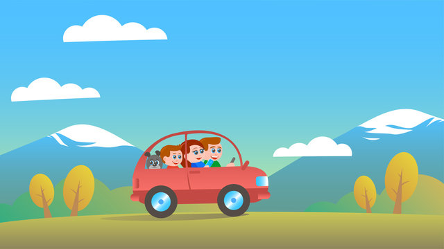 A happy family of three: dad, mom, son and dog. Riding a red passenger car. Around the beautiful autumn nature: trees, mountains and clouds. Vector cartoon flat illustration in the form of a banner.