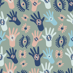 Seamless pattern with squares icon element with hands. Stylized print of a hand print. Can be used for printing on paper, stickers, badges, jewelry, cards, textiles.
