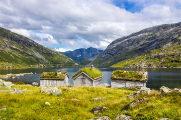 Fototapeta na wymiar huts by the Gaularfjellet mountain road in Norway