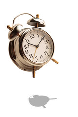 metal vintage alarm clock with bells isolated on white background