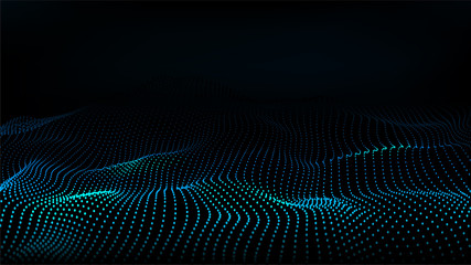 Abstract colour wave dots on black background. 3d. Big data. Network connection. Technology background.