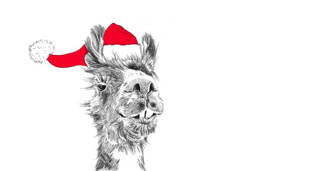Christmas llama wearing santa claus hat in funny holiday illustration, hand drawn cute animal cartoon for holiday graphic art clip art designs