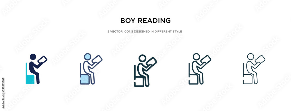 Poster boy reading icon in different style vector illustration. two colored and black boy reading vector ic