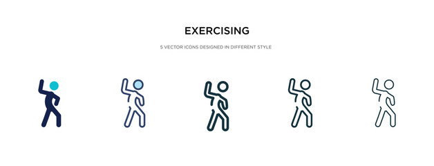 exercising icon in different style vector illustration. two colored and black exercising vector icons designed in filled, outline, line and stroke style can be used for web, mobile, ui