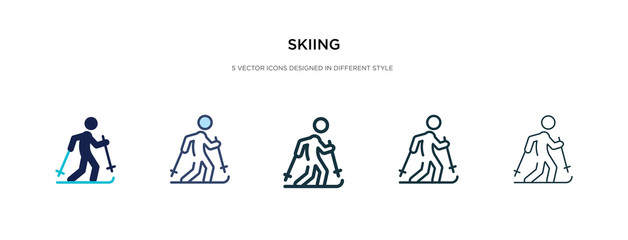 skiing icon in different style vector illustration. two colored and black skiing vector icons designed in filled, outline, line and stroke style can be used for web, mobile, ui