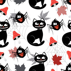Vector seamless pattern with different funny objects mushroom, cat, spider, and web. Good for halloween packing, prints and textile production